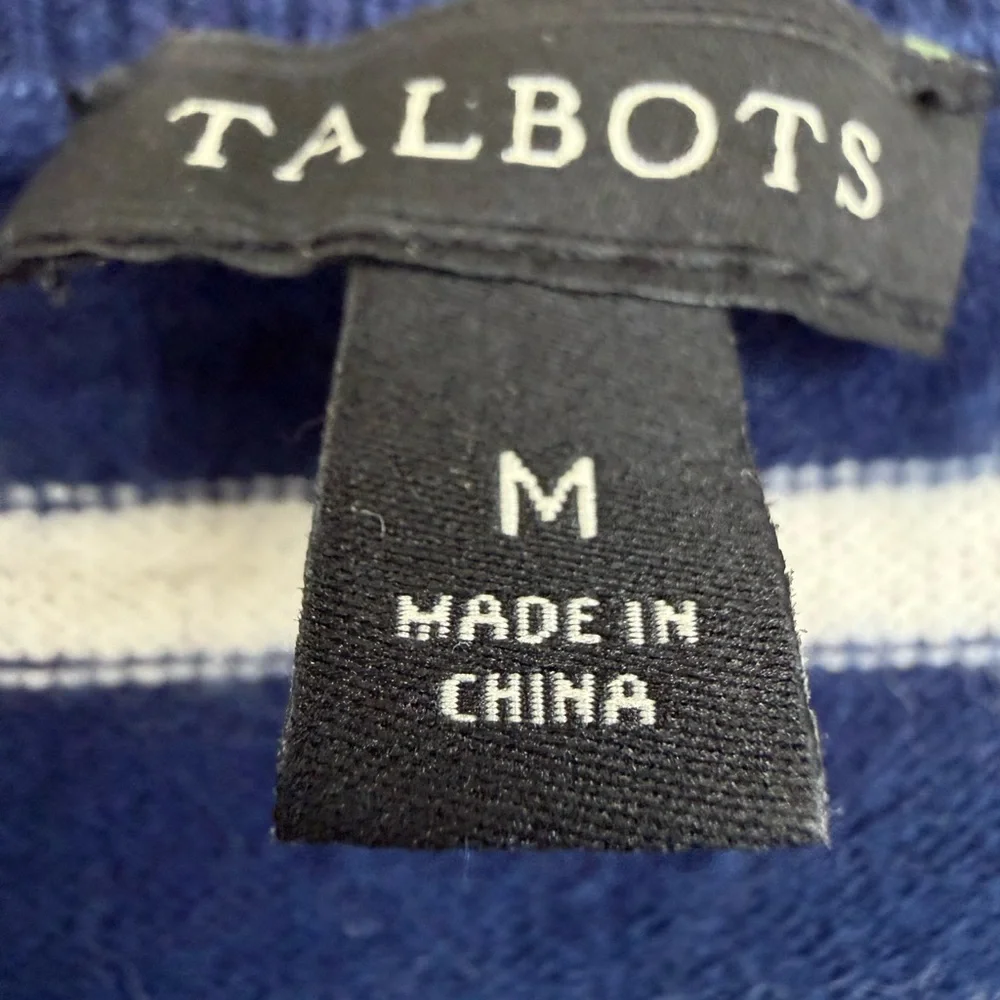 Talbots EUC Striped Metallic Whale Knit Pullover Sweater Navy White Gold M - Picture 9 of 12